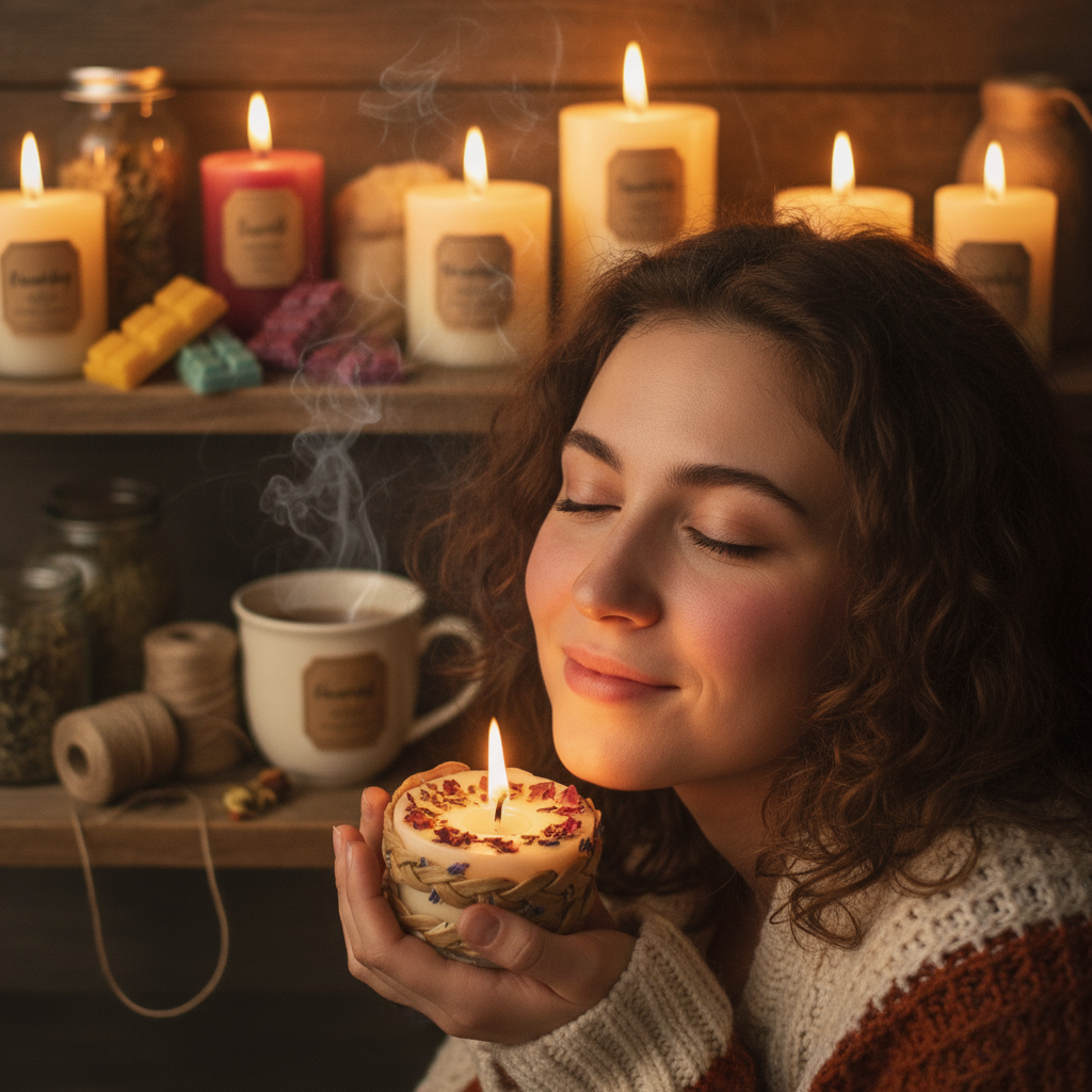 a close-up portrait of a girl who loves handmade candles, focus on her face, warm and cozy atmosphere