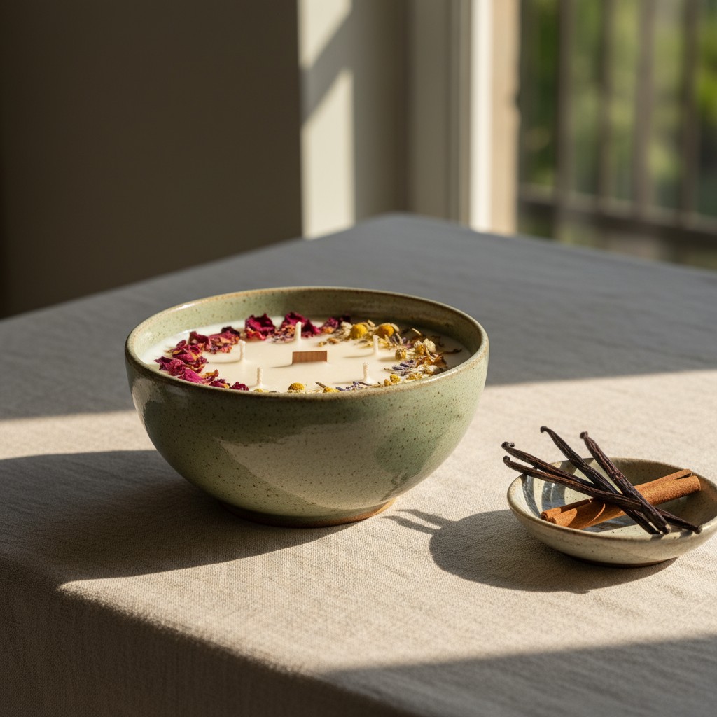 A handmade ceramic wax candle bowl with a vanilla and red flower scent, adorned with floral decorations, alongside a small...