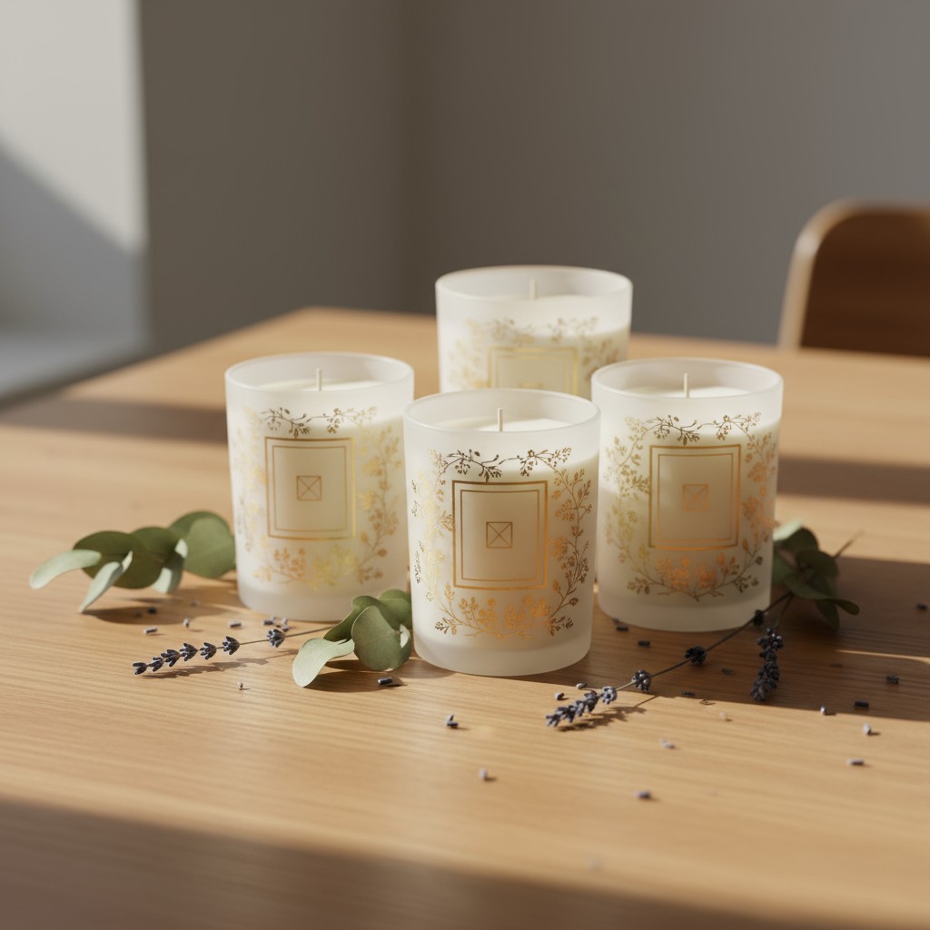 Four white candles on a wooden table with scattered herbs and a brown chair in the background. The candles have a square d...